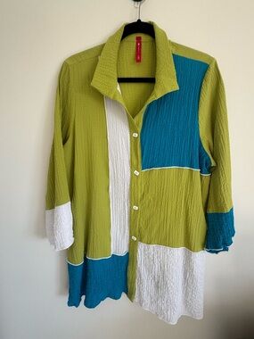 IC Collection Colorblock Textured Button-Up Shirt Jacket - Lime, Teal & White